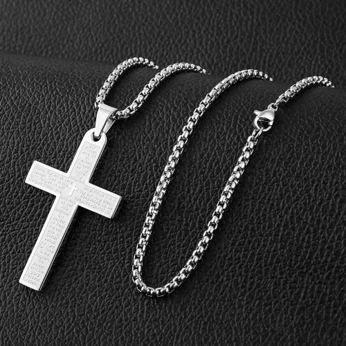Miniatura 6 de HZMAN Stainless Steel Mens Womens Cross Necklace Lords Prayer Pendant 4 Colors Available