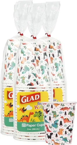 Miniatura 7 de Tazas de papel de dinosaurio para niños de Glad 20 tazas de papel blanco con diseño de dinosaurio para niños Tazas de papel desechables