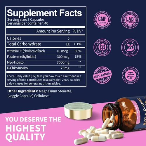 Miniatura 4 de Totaria Suplemento de inositol para mujeres con vitamina D3, folato, proporción 40:1 mio-inositol y complejo D-quiro inositol, cápsulas de inositol