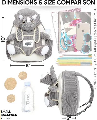 Miniatura 6 de Naturally KIDS Mochila para niños pequeños, Pequeño de 10 "h Triceratops Grey, 10.0 in H Small