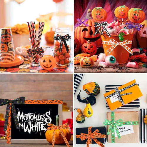 Miniatura 5 de SANNIX 18 rollos de cinta de Halloween de 90 yardas, cintas de grogrén impresas de 3/8 pulgadas de ancho, tela de manualidades para decoración