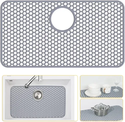 Miniatura 21 de Bestjing Tapete de silicona para fregadero - Protectores para fregadero de cocina con drenaje central, accesorio de rejilla de cocina de 26" x 14