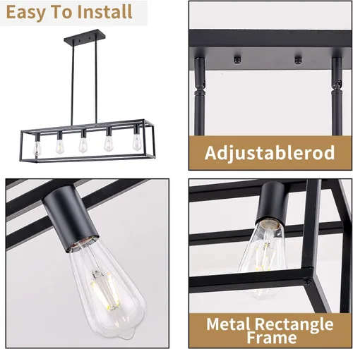 Miniatura 6 de Lámparas de Cocina para Comedor, Candelabros Rectangulares de Estilo Granja para Comedores, Lámpara Colgante Industrial de 5 Luces en Negro Mate