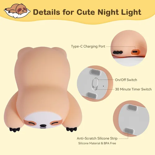 Miniatura 3 de Linda luz nocturna de perezoso para niños, luz nocturna de guardería ajustable en 3 niveles, luz nocturna de silicona esponjosa para regalos