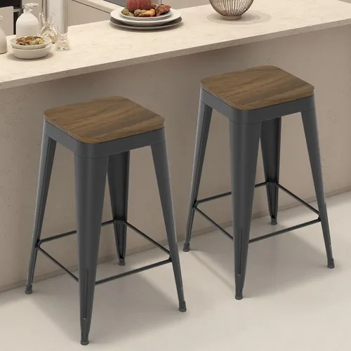 Miniatura 24 de Juego de 4 taburetes de bar de metal, taburetes de bar con respaldo alto con asiento de madera, taburetes de bar negros de 24 pulgadas para isla