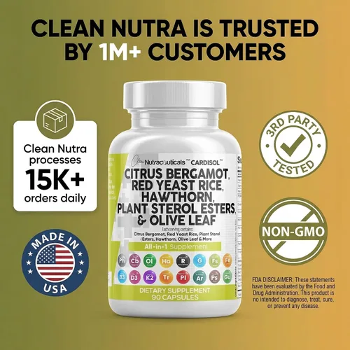 Miniatura 8 de Clean Nutraceuticals Cápsulas de arroz de levadura roja de bergamota cítrica con esteroles vegetales, con extracto de espino y hoja de olivo