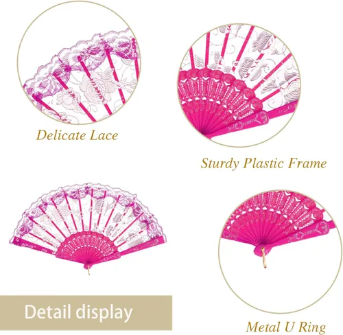 Miniatura 2 de QIRMIZI 30 abanicos de mano plegables de seda, abanicos de seda, abanicos de rosa profundo, perfectos para bodas, fiestas y bailes, rosa oscuro