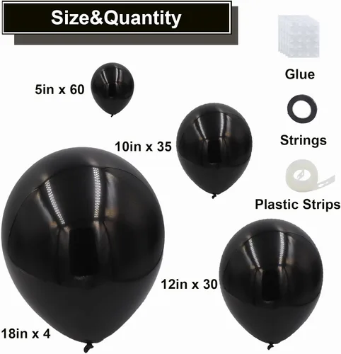 Miniatura 2 de Kit de arco de globos negros, 129 piezas de diferentes tamaños 18, 12, 10, 5 pulgadas, kit de guirnalda de globos negros para graduación, Halloween