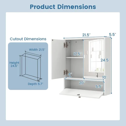 Miniatura 2 de Giantex Armario de baño montado en la pared con espejo organizador de almacenamiento con estante de almacenamiento extraíble, botiquín, blanco