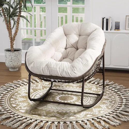 Miniatura 15 de Mecedora de gran tamaño para interiores, cómoda silla mecedora de pana con cojín grueso y marco, silla mecedora grande de mimbre para sala de estar