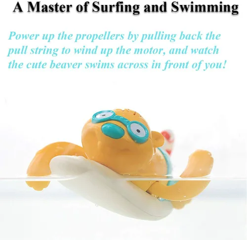 Miniatura 3 de Pull String Baby Bath Toy Pull & Go Beaver Lindo Castor de surf Castor de natación Castor Windup Reloj Juguete de bañera para niños pequeños (azul)