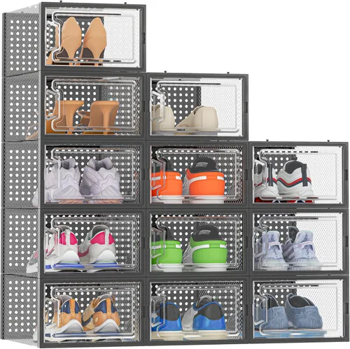 HOMIDEC Almacenamiento de zapatos, paquete de 12 organizadores de zapatos para armario, cajas de zapatos apilables de plástico transparente con