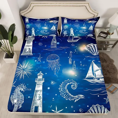 Miniatura 25 de Sábana bajera ajustable de tamaño individual para niños, diseño de animales marinos náuticos, juego de ropa de cama coral bajo el mar, juego de ropa