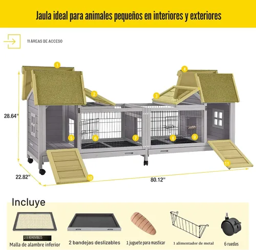 Miniatura 6 de Jaula para conejos Aivituvin con conejera doble y área de juego interior y exterior para cobayas con bandejas más profundas sin fugas y ruedas