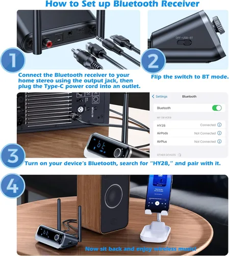 Miniatura 9 de KAIY Receptor Bluetooth para estéreo doméstico, adaptador de audio Bluetooth óptico y coaxial y AUX para amplificador y altavoces con cable