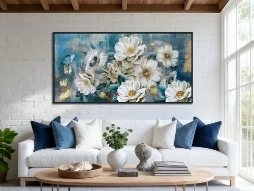 Miniatura 11 de Arjun Lienzo artístico para pared de árbol de la vida para sala de estar, pintura de árbol azul y verde azulado, 50% pintada a mano, imagen