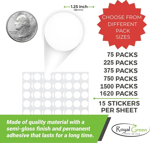 Miniatura 2 de Royal Green Etiqueta adhesiva redonda – Hojas adhesivas permanentes de 1.25 pulgadas para marcar y etiquetar – Negro (5 hojas – 75 unidades)