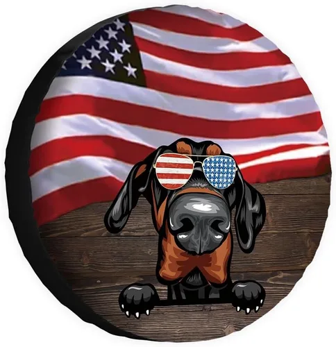 Miniatura 10 de Cubierta de neumático de repuesto para perro salchicha con gafas de sol con bandera de Estados Unidos, fundas protectoras de ruedas a prueba
