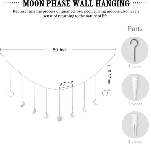 Miniatura 6 de Mkono Guirnalda de fases lunares para pared, decoración boho, decoración de habitación, guirnalda de lunas metálicas, arte colgante, decoración