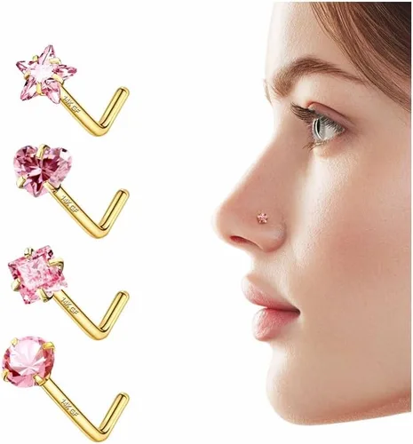 Miniatura 11 de 4 piezas de anillos de nariz de 20G bañados en oro de 14K para mujeres y hombres, anillos de nariz en forma de L, joyería hipoalergénica
