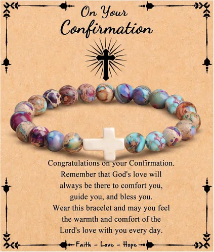 Miniatura 17 de JoycuFF Regalos Cristianos, Pulseras de Cruz para Mujeres, Joyería Cristiana Católica Religiosa de Fe de Pascua, Pulseras de Piedra Natural