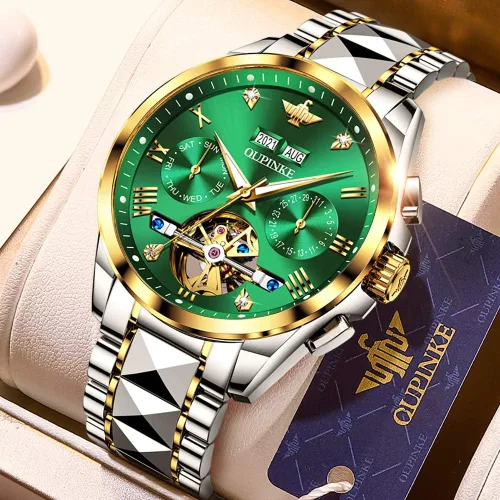 Miniatura 6 de OUPINKE Relojes automáticos para hombre, con esqueleto de diamante, cuerda automática, reloj de pulsera de lujo, cristal de zafiro, acero