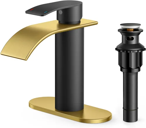 Miniatura 22 de FORIOUS Grifos de baño negros y dorados, cascada de 4 pulgadas con drenaje desplegable de metal y manguera cUPC para lavabo, tocador, RV, pedestal