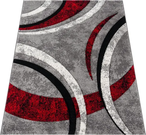Miniatura 5 de Paco Home Alfombra de diseño con corte de contorno a rayas modelo en mezcla de gris, negro y rojo, tamaño: 3 pies 11 pulgadas x 5 pies 7 pulgadas