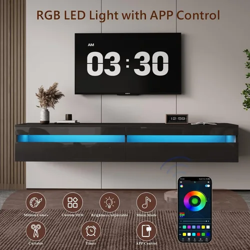 Miniatura 6 de Soporte flotante de madera maciza para TV con iluminación LED y toma de corriente, centro de entretenimiento de alto brillo de 71 pulgadas montado