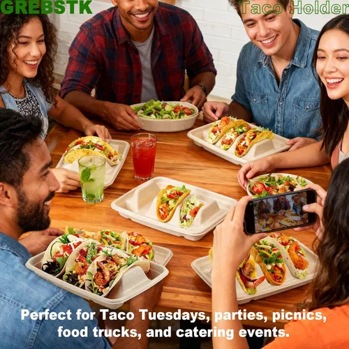 Miniatura 7 de GREBSTK Paquete de 30 soportes desechables para tacos, platos de taco de pulpa de bagazo compostables con 3 divisores para fiesta de tacos, juego
