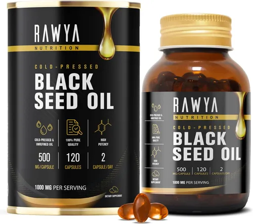 RAWYA Cápsulas de cápsulas blandas de aceite de semilla negra, Halal, Premium prensado en frío, Nigella Sativa, sin OMG, 500 mg por cápsula - 120