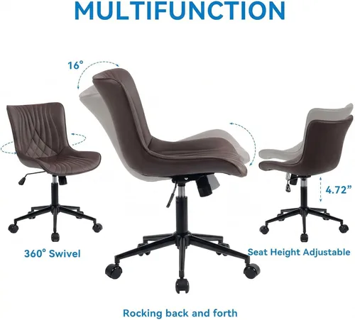 Miniatura 3 de YOUNIKE Silla de oficina marrón, silla de escritorio sin brazos con ruedas, sillas de tareas de oficina en casa, moderna silla mecedora giratoria