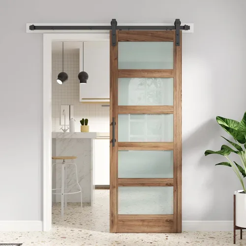 Miniatura 20 de FREDBECK Puerta de granero de vidrio de 32 x 84 pulgadas con kit de herrajes para puerta de granero de 5.5 pies y asa incluida, 5 paneles de vidrio