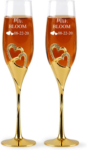 Miniatura 15 de Flautas de champán de diseño único para la novia y el novio, flautas de champán personalizadas de la decoración del corazón, juegos de tazas