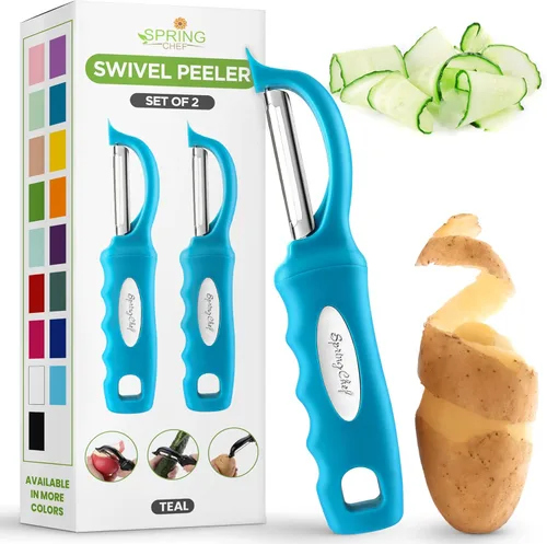 Miniatura 38 de Spring Chef Pelador de verduras giratorio profesional rojo para cocina, peladores de papas de acero inoxidable con mango de agarre suave, perfecto