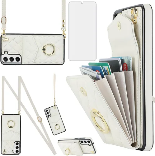 Asuwish Funda de teléfono para Samsung Galaxy S22 5G, funda tipo cartera con protector de pantalla de vidrio templado y correa cruzada para la