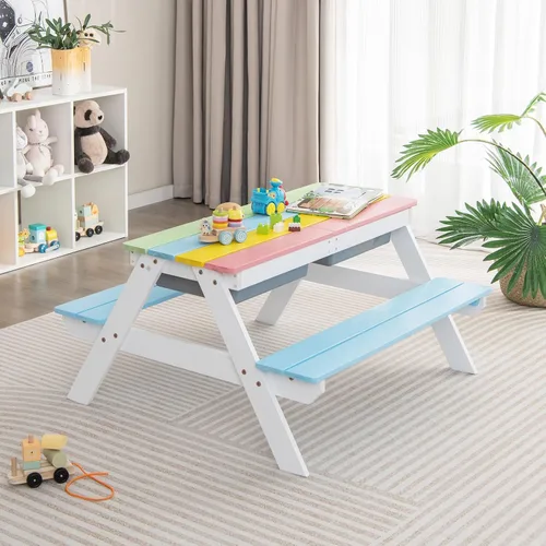 Miniatura 9 de Costzon Mesa de Picnic para Niños con Contenedores Sensoriales, Mesa de Arena y Agua 4 en 1 con Sombrilla de Altura Ajustable, Superficie de Mesa