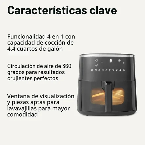 Miniatura 2 de Amazon Basics Freidora de aire de 4.4 cuartos con ventana de fácil visión, 8 menús preestablecidos, 1400 W, color negro