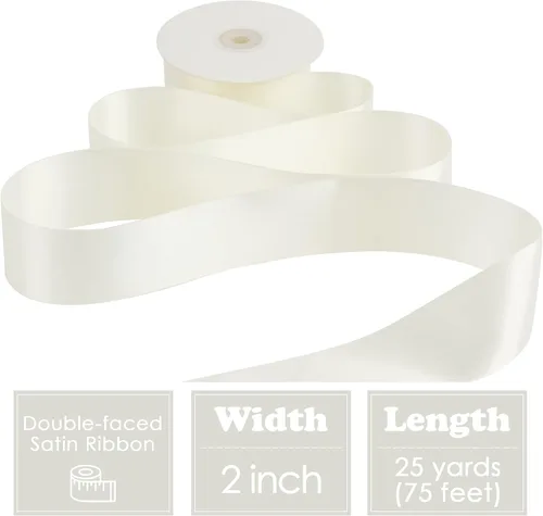 Miniatura 2 de HUIHUANG Cinta Blanca de 2 pulgadas de ancho, Cinta de Satén de Doble Cara Blanco Antiguo para Suministros de Arreglos Florales, Decoración de Boda