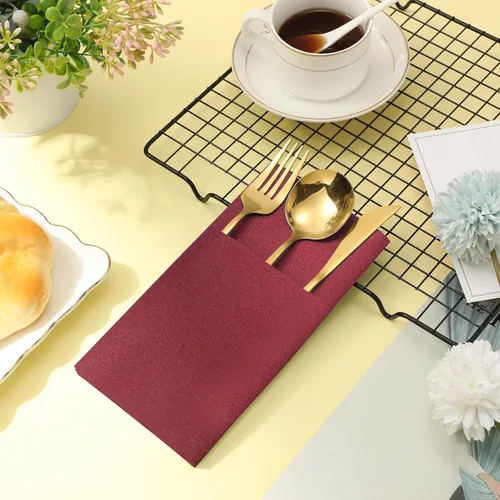 Miniatura 3 de Cindeer 75 piezas de servilletas de lino burdeos para cena con bolsillo plano incorporado, preplegadas, servilletas de papel desechables airlaid