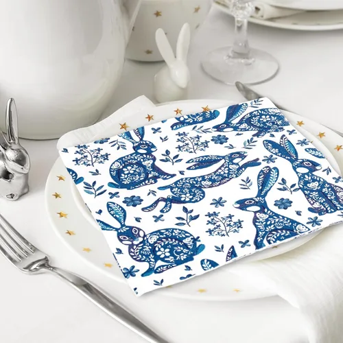 Miniatura 5 de JarThenaAMCS Paquete de 80 servilletas de papel de Pascua Chinoiserie conejito desechables azul y blanco conejo decorativo para cena de Pascua