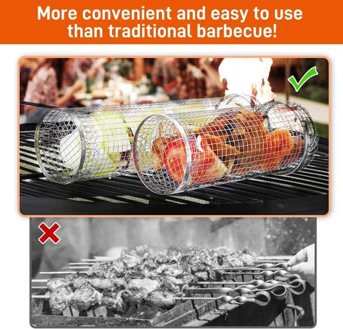 Miniatura 3 de GOTGELIF Cesta rodante para parrilla, canasta de acero inoxidable para asar uniformemente y almacenamiento conveniente, tubo de red en camping