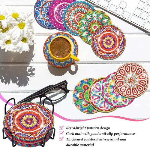 Miniatura 4 de Billbotk Kit de posavasos de pintura de diamantes, 10 posavasos de arte de diamantes con mandala, con soporte, manualidades y manualidades