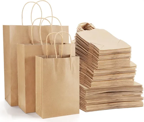 Kslong Paquete de 105 bolsas de regalo de estraza marrón con asas, bolsas de compras de papel kraft liso natural a granel para negocios minoristas,