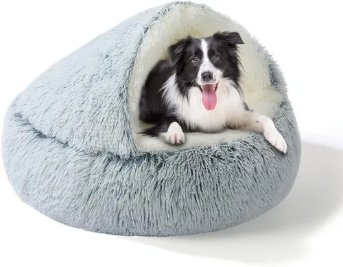 Miniatura 10 de SUOXU Cama antiansiedad para gatos, cueva de felpa con capucha, 20 pulgadas de diámetro, adecuada para mascotas pequeñas a medianas, color rosa