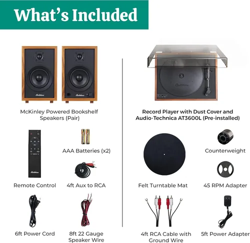 Miniatura 9 de Electrohome Montrose Record Player Stereo System, 4" Bluetooth Powered Bookshelf Speakers, Belt-Drive Bluetooth Turntable with Audio-Technica Teak