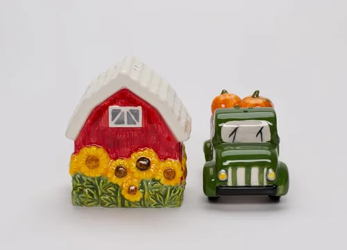Miniatura 3 de Juego de salero y pimentero de cerámica fina de cosecha de Acción de Gracias, camión de calabaza y girasoles, 3.5 pulgadas de largo