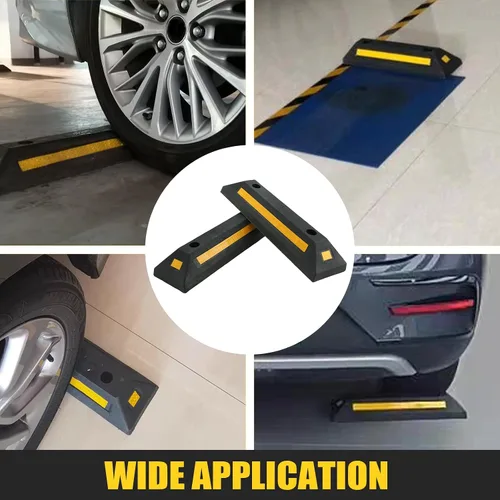 Miniatura 6 de ATPEAM Tope de goma para suelo de vehículo, paquete de 2 bloques de estacionamiento negros con rayas reflectantes amarillas para automóvil, camión