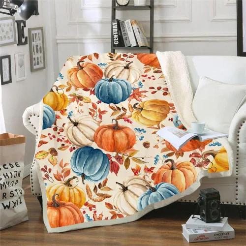 Miniatura 5 de Manta de calabazas de otoño, naranja, blanco, azul, calabazas, hojas y bayas, suave y cálida para sala de estar, sofá, cama, silla o dormitorio, 40