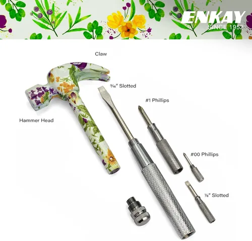 Miniatura 2 de ENKAY - Martillo y destornillador 6 en 1 con motivos florales, herramienta de martillo de garra multifuncional con estampado de flores (Patrón 2)